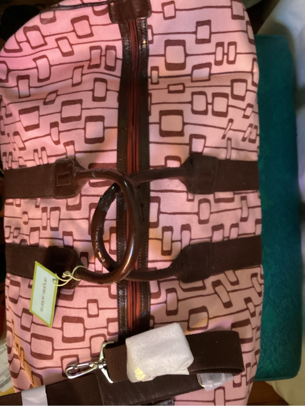 Pink Geometric Weekender Duffel Bag with Brown Trim - Picture 3 of 7